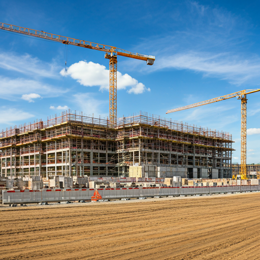 Steel frame assembly on a construction site